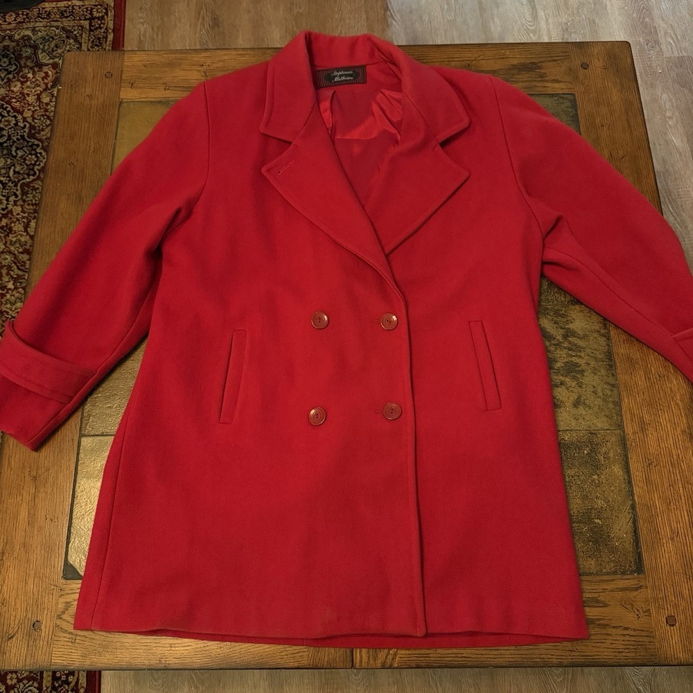 Stephanie Mathews Vintage 100% Wool Coat Red Double Breasted Pea Coat L XL 14 16